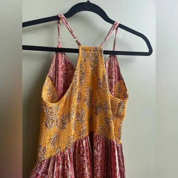 Angie Boho Mixed Print Maxi Dress. Adjustable Straps Ruched Back. Side Slits SM - Picture 5 of 13